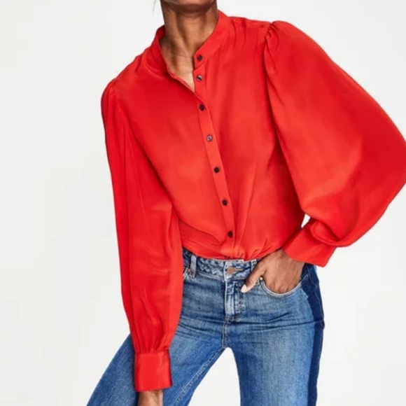 Boden Blouson Sleeve Silk Shirt- Post Box Red - Picture 2 of 13